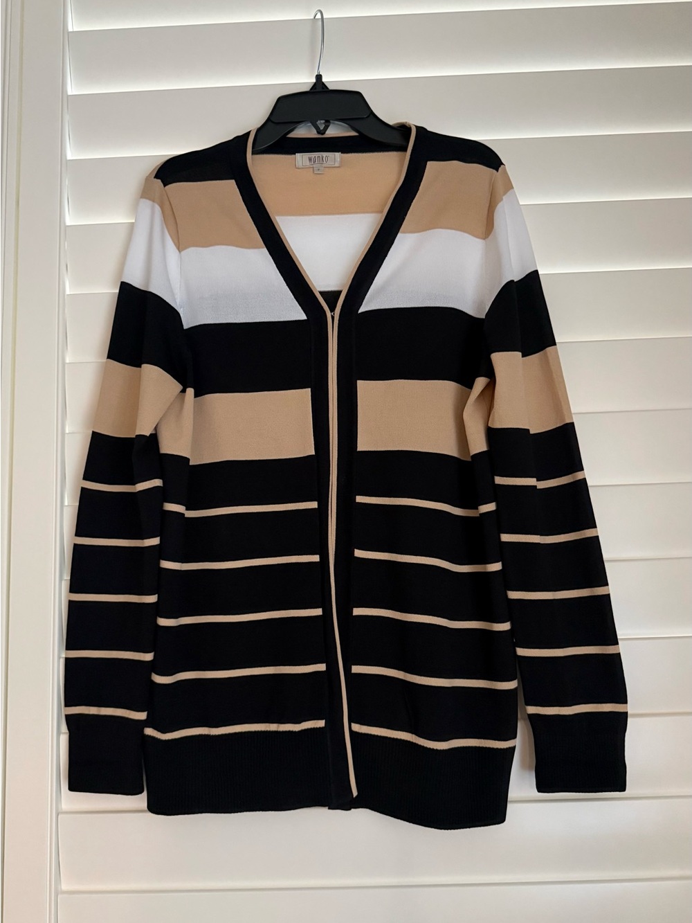 Open-Front Striped Cardigan in Black, Tan & White. Gently used, like new.